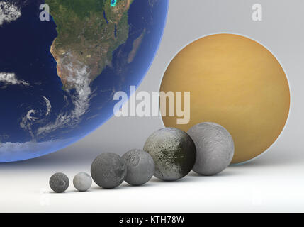 Cette image représente la comparaison entre les lunes de Saturne en taille et mort. Il s'agit d'une comparaison précise et scientifique en 3D Rendering Banque D'Images