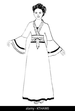 Girl en chinois costume national Comité permanent avant, vector, portrait contour contour noir et blanc Dessin, Couleur. Femme asiatique en pleine longueur robe robe traditionnelle, hanfu, sur fond blanc Illustration de Vecteur