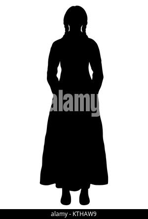 Fille en costume national italien, silhouette contour vectoriel portrait, tracé des contours en noir et blanc. Femme pleine-longueur avec tresses, dans une ancienne robe traditionnelle, isolé sur fond blanc Illustration de Vecteur