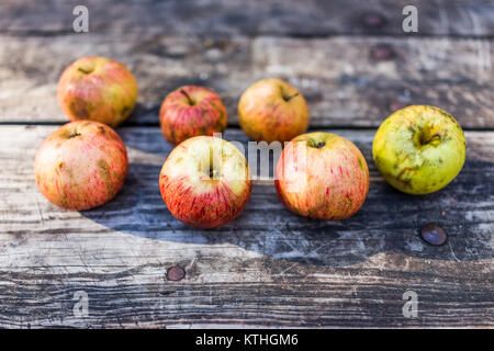 Groupe de nombreuses espèces sauvages, frais, écrasée, ferme bio rouge pommes sur le jardin table de pique-nique en bois Banque D'Images