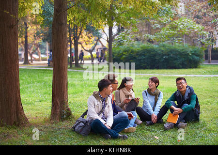 Groupe d'étudiants chinois heureux assis sur la pelouse au Campus Banque D'Images