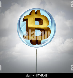 Bulle Bitcoin comme un symbole cryptocurrency ou devise crypto dans un ballon et une aiguille près à craquer l'icône gonflé comme une métaphore. Banque D'Images