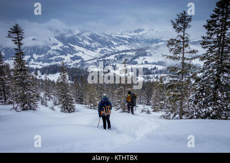 Deux randonneurs en raquettes en prenant une pause pour profiter d'une superbe vue sur la montagne dans les Alpes suisses. C'est un pur moment de sérénité à couper le souffle après une longue h Banque D'Images