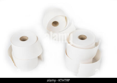 Les rouleaux de papier pour calculatrice ou caissière on white Banque D'Images