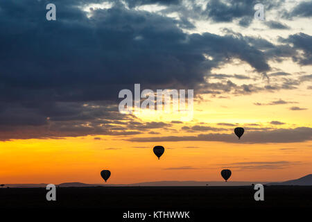 Ballons à air chaud pour le visionnement de jeu safari se lever au-dessus de la savane, avec une œuvre dramatique, colouful sunrise, Masai Mara, Kenya Banque D'Images