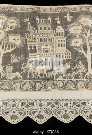 Cette bordure de rideau de lit, cataloguée comme MET 31,345 détail CP4, est un article textile décoratif, probablement d'une période historique. Le design de la frontière est important dans l'histoire du textile, offrant un aperçu des motifs de tissus décoratifs de son époque. Banque D'Images