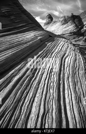Cette photographie en noir et blanc capture la magnifique formation de grès connue sous le nom de The Wave, située dans la région sauvage de Paria Canyon-Vermilion Cliffs. Prise en mars 1987, l'image met en valeur les formations rocheuses ondulantes uniques qui attirent les randonneurs et les photographes dans ce paysage naturel protégé. Banque D'Images