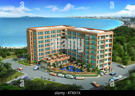 Bang Saray Beach Condo est un complexe résidentiel situé à Bang Saray, en Thaïlande, offrant une vie en bord de mer avec des équipements modernes et une vue panoramique sur le golfe de Thaïlande. Banque D'Images