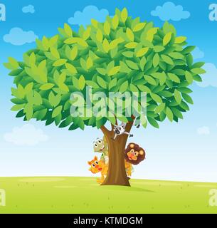 Illustration d'animaux sous l'arbre on white Illustration de Vecteur