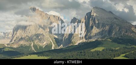 Cette image a été prise au bas de la célèbre pré sur l'Alpe di Siusi à au groupe Langkofel/Sassoungo en fin d'après-midi. Banque D'Images