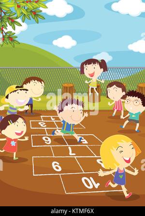 Illustration d'enfants jouant à la marelle dans une aire de jeux Illustration de Vecteur