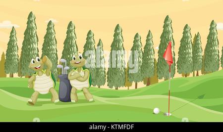 Illustration d'une tortue en jouant au golf dans une nature magnifique Illustration de Vecteur