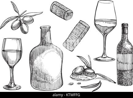 Vector set de produits vitivinicoles. Illustration dans le style de croquis. Éléments de conception à la main. Isolé sur fond blanc. Gravure des illustrations. Illustration de Vecteur