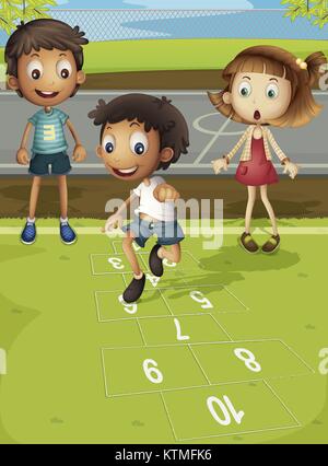Les enfants jouent à la marelle dans park Illustration de Vecteur