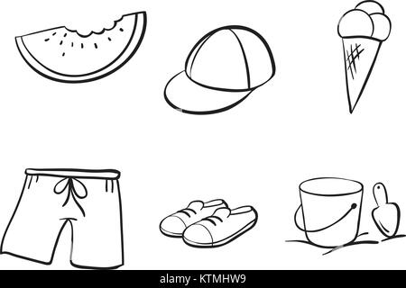 Croquis détaillés de différents objets sur un fond blanc Illustration de Vecteur