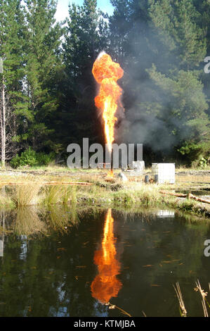 Flare en brûlant du gaz et de l'huile à Niagara 1 puits de pétrole, côte ouest, île du Sud, Nouvelle-Zélande Banque D'Images