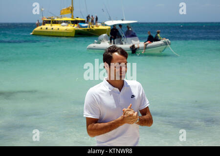 Le joueur de tennis Roger Federer visite l'île de Rottnest, sur la côte de Perth, en Australie de Wewstern, pour promouvoir son apparition à la Hopman Cup. Banque D'Images