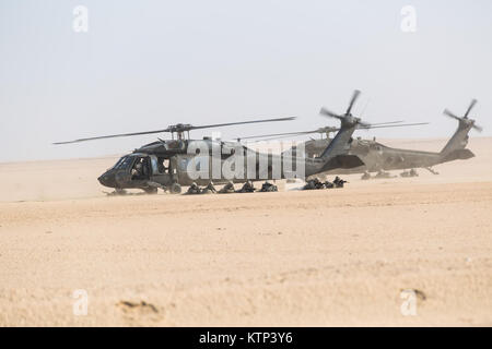 Blackhawks UH-60 d'une Co., 3-142ème Assault Helicopter Company, et A. Co., 1-189ème brigade aérienne d'appui général, 42e Brigade d'aviation de combat, de la terre au cours d'une agression de l'air avec des soldats d'un Co., 1-67ème régiment de blindés, 2-4ème Division d'infanterie lors d'un exercice d'entraînement du 15 au 28 mai 2013, à l'extérieur du camp Buehring, le Koweït. La 42e CAB, New York, la Garde nationale est actuellement déployé à l'étranger pour l'exploitation d'aéronefs à voilure rotative à l'appui de l'opération Enduring Freedom. (U.S. Photo de l'armée par la CPS. Harley Jelis/libérés) - au Camp Buehring Koweït. Banque D'Images