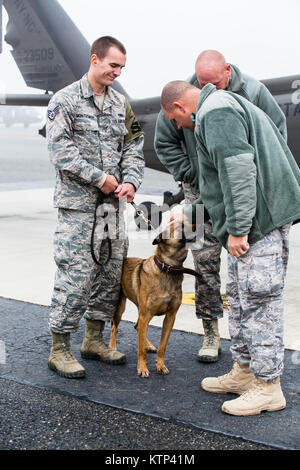 Tech. Le Sgt. Andrew Montgomery, un groupe de travail de l'Armée de l'air de chien,et son chien Diesel, attendre en face d'une armée d'hélicoptères UH-60 Blackhawk exploité par une compagnie, 3e bataillon du 142e Assault Helicopter Company, 42e Brigade d'aviation de combat, au cours d'un exercice de familiarisation pour les chiens, le 10 janvier 2014, quelque part dans le sud-ouest de l'Asie. Les chiens de travail peuvent être transportés par hélicoptère rapidement et efficacement à l'endroit où ils sont nécessaires une fois qu'ils se sentent à l'aise avec l'avion. La 42e CAB, New York, la Garde nationale est actuellement déployé à l'étranger dans le cadre de l'opération Enduring Freedom. Banque D'Images