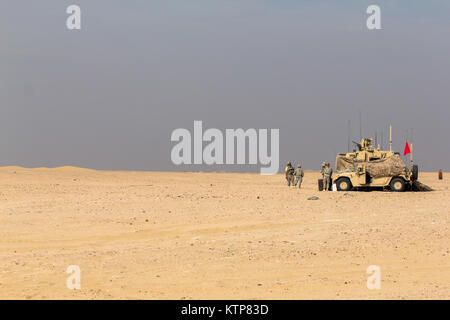 Les soldats de la 4e Division d'infanterie pour appeler le feu lors d'une attaque aérienne mixte en équipe avec la 42e Brigade d'aviation de combat le 21 mai 2014, près de près du Camp Buehring, le Koweït. La 42e CABINE, composé d'unités de la Garde Nationale de New York, du Michigan, et le Delaware, et unités de service actif à partir de la 12e de l'Allemagne, la cabine est actuellement en déploiement au Koweït et organise régulièrement des échanges et des exercices conjoints avec les forces de l'ensemble de la région. (New York) La Garde nationale de l'armée photo par le Sgt. Harley Jelis/libérés) Banque D'Images