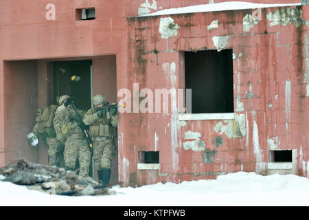 FORT DRUM, NY- membres du 274e Escadron d'opérations d'appui aérien (ASOS) de tendre vers l'objectif de formation au cours d'un exercice à Fort Drum, NY Le 14 mars 2015. Le s.. Weylin Schloss, gauche, lance une grenade fumigène pour aider son équipe de tir se manœuvre dissimulée dans la zone de danger alors que le Major Joshua Lang jette un tir de suppression sur l'ennemi. 30 aviateurs de la New York Air National Guard's 274e Escadron d'opérations d'appui aérien (OSS) ont participé à l'appui aérien rapproché (CAS) de la formation qui renforce leur capacité d'identifier une cible et neutraliser une menace. La 274ème mission est d'informer Banque D'Images