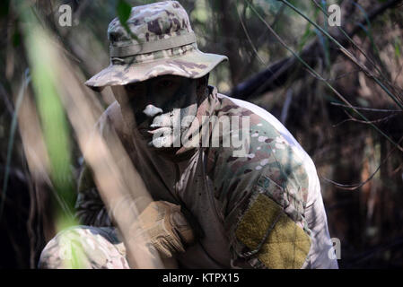 HOMESTEAD AIR RESERVE BASE, Floride - Le s.. Brian Alfano, un SERE (Survie, évasion, résistance, et s'Échapper) Instructeur avec le 103e Escadron de sauvetage mène une lutte contre la survie de l'eau et de formation à Homestead Air Reserve Base en Floride le 18 janvier 2016. Au cours de cette formation, les membres d'équipage acquis une formation de recyclage sur l'utilisation de leurs radios d'urgence, mouvements tactiques par difficiult terrain, comment construire des abris, des façons de faire un feu, et des méthodes pour se soustraire à l'ennemi. (Garde nationale aérienne des États-Unis / Le sergent Christopher S. Muncy / relâché) Banque D'Images