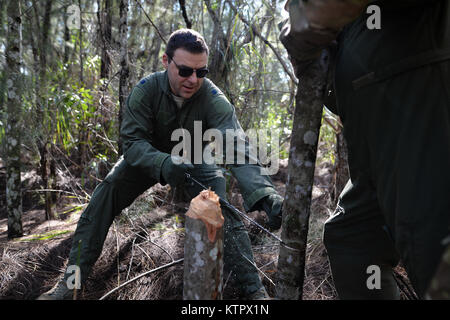 HOMESTEAD AIR RESERVE BASE, Floride - Le Colonel Scott Stenger, membre de la 106e Escadre de sauvetage, les pratiques à l'aide d'une scie de poche au cours d'un combat et de l'eau au cours de formation de survie Homestead Air Reserve Base en Floride le 18 janvier 2016. Au cours de cette formation, les membres d'équipage acquis une formation de recyclage sur l'utilisation de leurs radios d'urgence, mouvements tactiques par difficiult terrain, comment construire des abris, des façons de faire un feu, et des méthodes pour se soustraire à l'ennemi. (Garde nationale aérienne des États-Unis / Le sergent Christopher S. Muncy / relâché) Banque D'Images