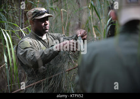 HOMESTEAD AIR RESERVE BASE, Floride - Le s.. Brian Alfano, un SERE (Survie, évasion, résistance, et s'Échapper) Instructeur avec le 103e Escadron de sauvetage mène une lutte contre la survie de l'eau et de formation à Homestead Air Reserve Base en Floride le 20 janvier 2016. Au cours de cette formation, les membres d'équipage acquis une formation de recyclage sur l'utilisation de leurs radios d'urgence, mouvements tactiques par difficiult terrain, comment construire des abris, des façons de faire un feu, et des méthodes pour se soustraire à l'ennemi. (Garde nationale aérienne des États-Unis / Le sergent Christopher S. Muncy / relâché) Banque D'Images