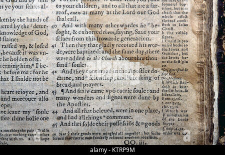 Texte d'Actes 2:41-47 de la traduction anglaise de la Bible de Genève de 1560. Utilisé avec la permission de la Reed Collection à la Bibliothèque publique de Dunedin, Nouvelle Zélande. Banque D'Images