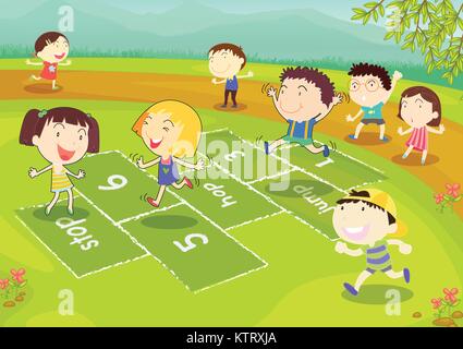 Motif d'amis jouant à la marelle dans le parc Illustration de Vecteur