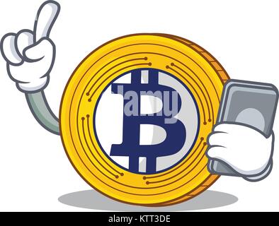 Avec phone or cartoon caractère Bitcoin Illustration de Vecteur