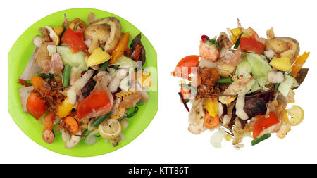 Les déchets alimentaires qui restent après dîner végétarien cuisson sur table blanche et jeu de plaques de plastique vert. Concept studio shot isolé Banque D'Images