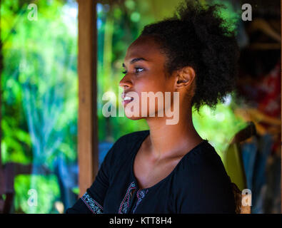 Les insulaires du Pacifique, les Mélanésiens, belle fille avec afro, demi-profil Banque D'Images