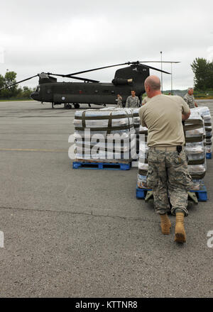 La New York Air National Guard membres de la 174e Escadre de chasse, et l'Armée de New York unité Chinook garde ; travailler ensemble soutenir Federal Emergency Management Agency (FEMA) au transport des fournitures à des zones inondables de Binghamton New York le 9 septembre 2011 à Hancock à Syracuse dans l'état de champ de la FEMA a mis en place une zone de contrôle sur Hancock où ils travaillent de pair avec la New York de l'armée et de la Garde côtière canadienne. (U.S. Photo de l'Armée de l'air par le sergent. Ricky Meilleur) Banque D'Images