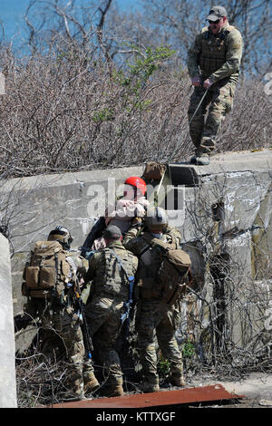 PLUM ISLAND, NY - Cavaliers de sauveteurs-parachutistes, le sauvetage de combat de l'air Officiers et membres d'équipage de conduite de la 106e Escadre de sauvetage formation des blessés à Plum Island Centre des maladies des animaux le 13 avril 2012. (USAF / Senior Airman Christopher S. Muncy / relâché) Banque D'Images