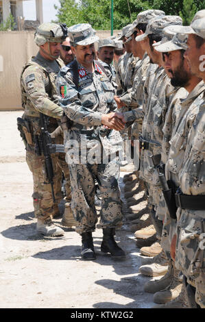 Le colonel de l'ARMÉE AMÉRICAINE Michael Maffei, senior advisor de combat pour la police des frontières de Zone 5ème force de sécurité de l'équipe de l'aide affectée à la 37e Brigade d'infanterie de l'équipe de combat et afghane Brig. Le général Abdul Habib Sayed Khail, commandant de la zone 5ème PA, serrer la main avec les militaires du 5e Kandak ABP sur une récente mission en Bahawuddin Khawajah, province de Badakhshan, Afghanistan, le 27 juin 2012. 37e (IBCT photo par le Sgt. Kimberly Agneau) (Sortie) Banque D'Images