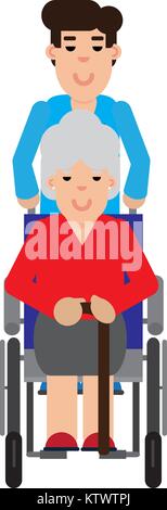 L'homme s'occupent d'une femme âgée en fauteuil roulant Illustration de Vecteur