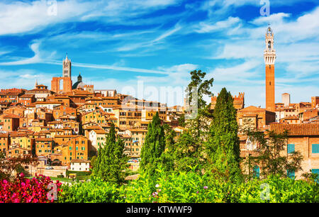 Paysages de Sienne, une belle ville médiévale en Toscane, avec vue sur le dôme et clocher de la cathédrale (Duomo), vue de la Tour du Mangia Banque D'Images