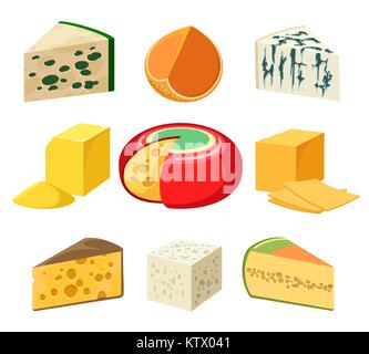 Types de fromages fromage. et des tranches fines de l'épicerie et au gouda, cheddar, feta et le parmesan, gorgonzola et roquefort, vector il Illustration de Vecteur