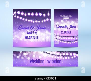 Cartes d'invitation de mariage dans des tons lilas avec des lumières bokeh et guirlandes, vector illustration Illustration de Vecteur