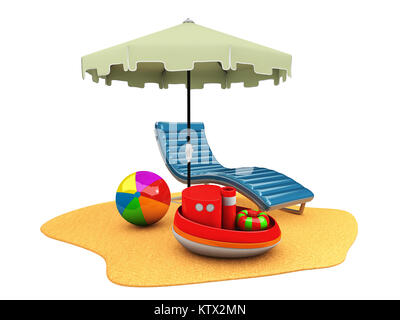 3d illustration de parasol, chaise et jouets sur la plage, réservation en ligne. concept blanc isolé Banque D'Images