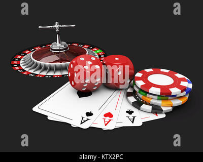 3d illustration de fond de Casino avec des dés, cartes, roulette et jetons. noir isolé Banque D'Images