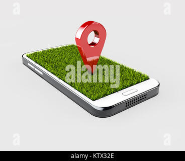Broche navigateur GPS couleur rouge des maquettes avec de l'herbe sur fond gris, 3d illustration Banque D'Images