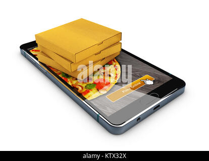 Commander une pizza en ligne. Smartphone avec la pizza sur l'écran et une boîte de pizza, 3d illustration. Banque D'Images