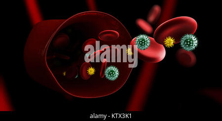 Illusytation 3d Virus infectant les cellules de sang dans la veine et les droits de l'appareil circulatoire Banque D'Images