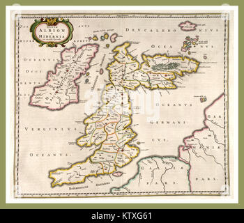 Ancienne carte rétro vintage historique de Grande-Bretagne Angleterre et Ecosse écrite en latin datée 1654 (Albion et Hibernia) Royaume-Uni Banque D'Images