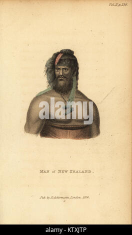 Homme Maori de Nouvelle-Zélande. Gravure coloriée à crépi de Frederic Shoberl est le monde en miniature, les îles des Mers du Sud, Ackermann, 1824. Après une illustration de Jean Piron dans Voyage de La Perouse, 1800. Banque D'Images