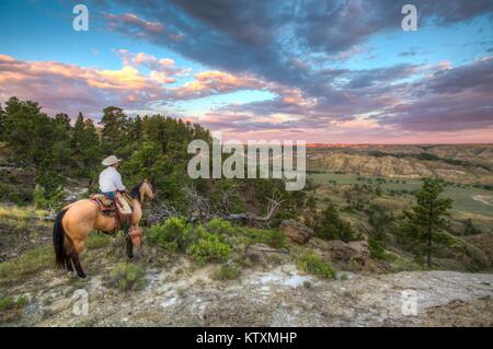 Un cowboy chevauche son cheval près de la partie supérieure de la rivière Missouri et National Scenic River dans la partie supérieure de la rivière Missouri Breaks National Monument le 29 juin 2017 près de Lewistown, Montana. Banque D'Images