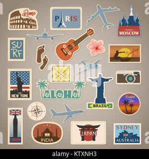 Voyage vecteur autocollant et ensemble avec les pays de l'étiquette célèbre, villes, monuments, drapeaux et symboles en rétro ou vintage style. Inclut l'Italie, la France, la Russie, les Etats-Unis, l'Angleterre, l'Inde, le Japon, etc. Illustration de Vecteur