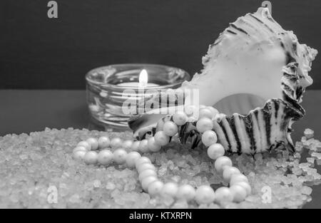 Accessoires de bain. L'intérieur de l'perles Seashell sur le sel de mer en noir et blanc Banque D'Images